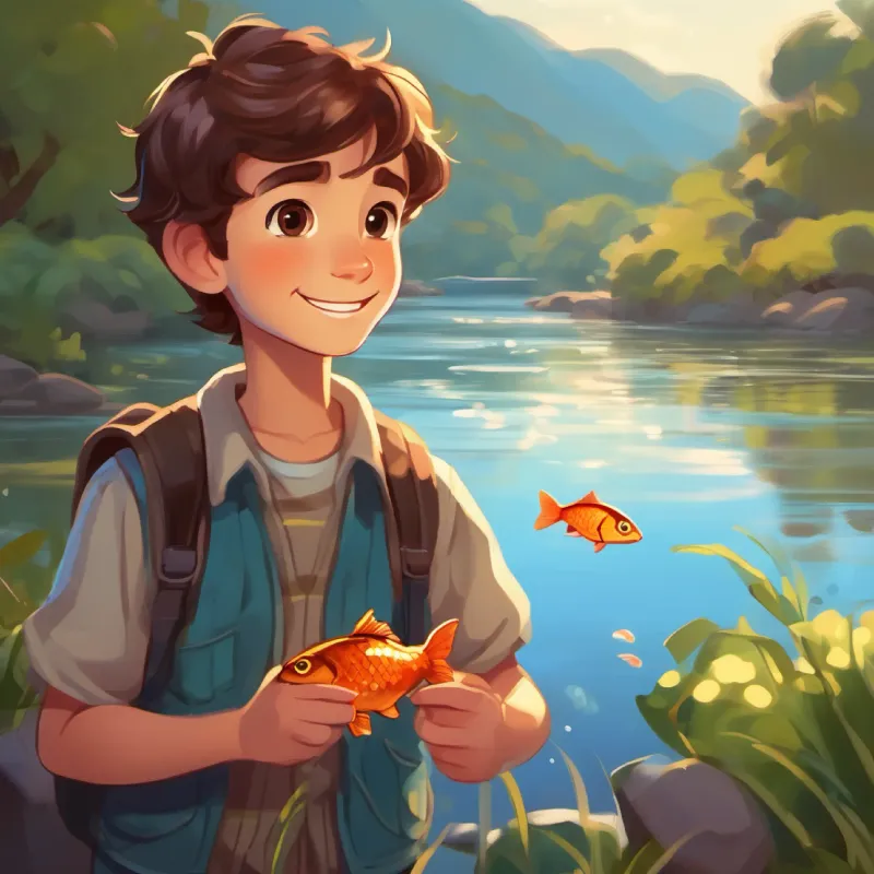 A brave boy with brown hair and warm, curious brown eyes by the river with Cheerful fish with shiny scales and a friendly smile and the fish.