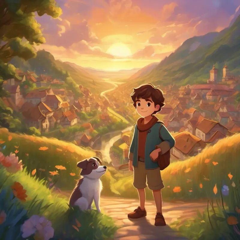 A brave boy with brown hair and warm, curious brown eyes celebrating at the festival in the magical land.