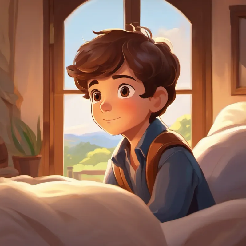 A brave boy with brown hair and warm, curious brown eyes waking up, feeling hopeful and ready for the day.
