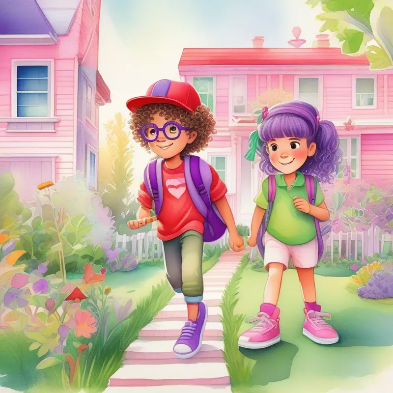 Curly-haired Max with a red cap and green sneakers and Adventurous Mia with braided hair, pink glasses, and purple shoes's cozy house with vibrant backyard