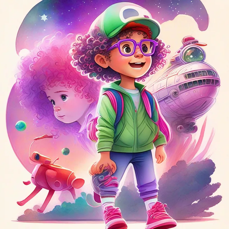 Curly-haired Max with a red cap and green sneakers and Adventurous Mia with braided hair, pink glasses, and purple shoes uncovering the magical spaceship