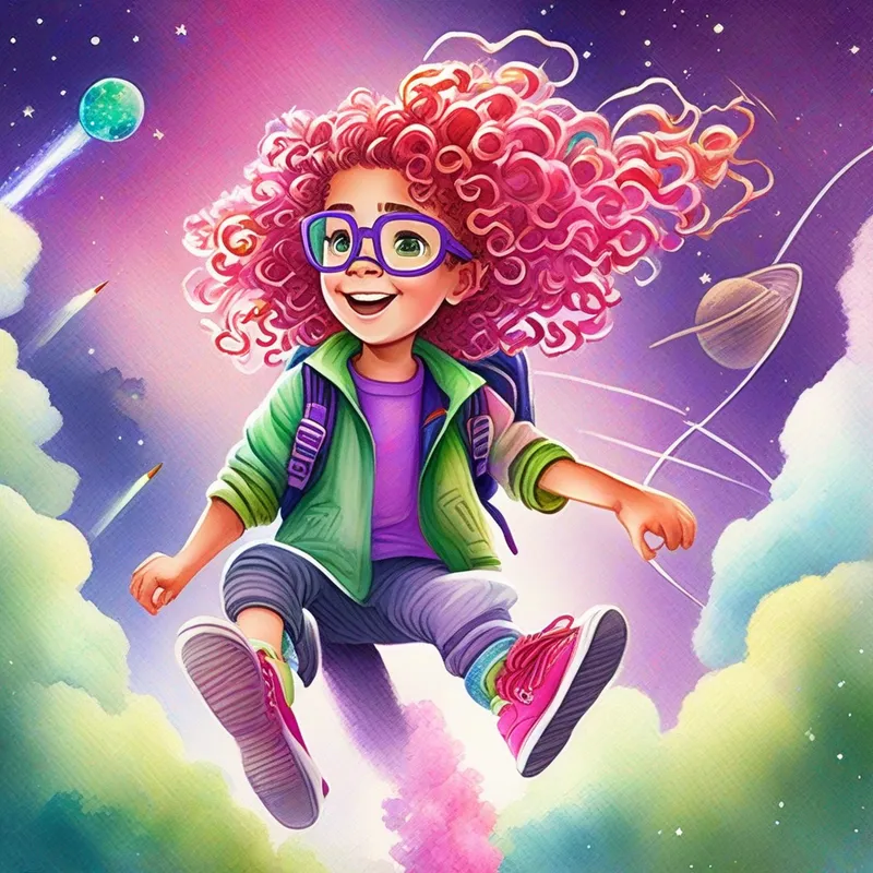 Curly-haired Max with a red cap and green sneakers and Adventurous Mia with braided hair, pink glasses, and purple shoes blasting off into outer space