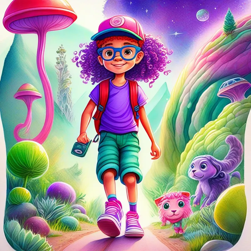 Curly-haired Max with a red cap and green sneakers and Adventurous Mia with braided hair, pink glasses, and purple shoes exploring vibrant alien worlds