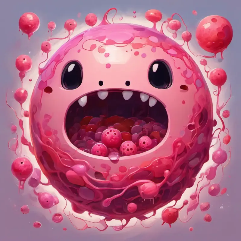 A little cell with a happy face, pink color, and round shape, a small round cell with a happy face, floats inside Luca's body, surrounded by blood vessels and organs.