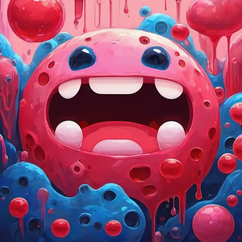 A little cell with a happy face, pink color, and round shape and A cell with a sad face, blue color, and round shape, both cells with smiling faces, stand beside each other inside a bright red blood vessel.