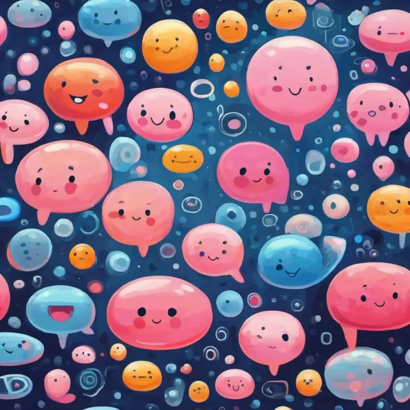 A little cell with a happy face, pink color, and round shape and A cell with a sad face, blue color, and round shape happily chatting, surrounded by other cells with speech bubbles showing messages.