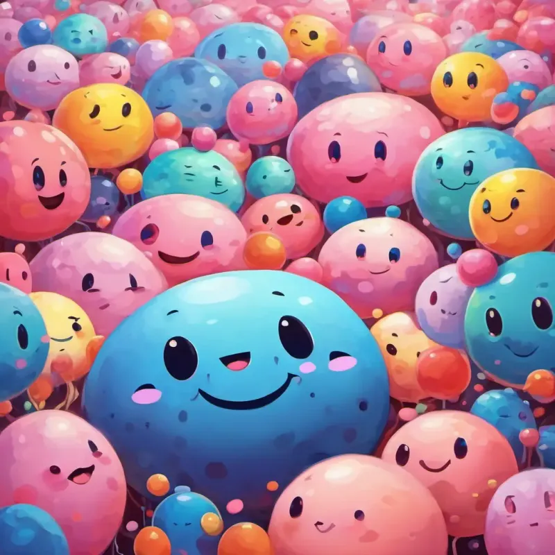 A little cell with a happy face, pink color, and round shape and A cell with a sad face, blue color, and round shape leading a group of cells, various cell types with smiling faces, chatting and exchanging messages in a colorful group chat.