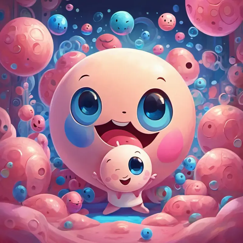 A little cell with a happy face, pink color, and round shape and A cell with a sad face, blue color, and round shape with their arms around each other, smiling and surrounded by happy cells throughout Luca's body.