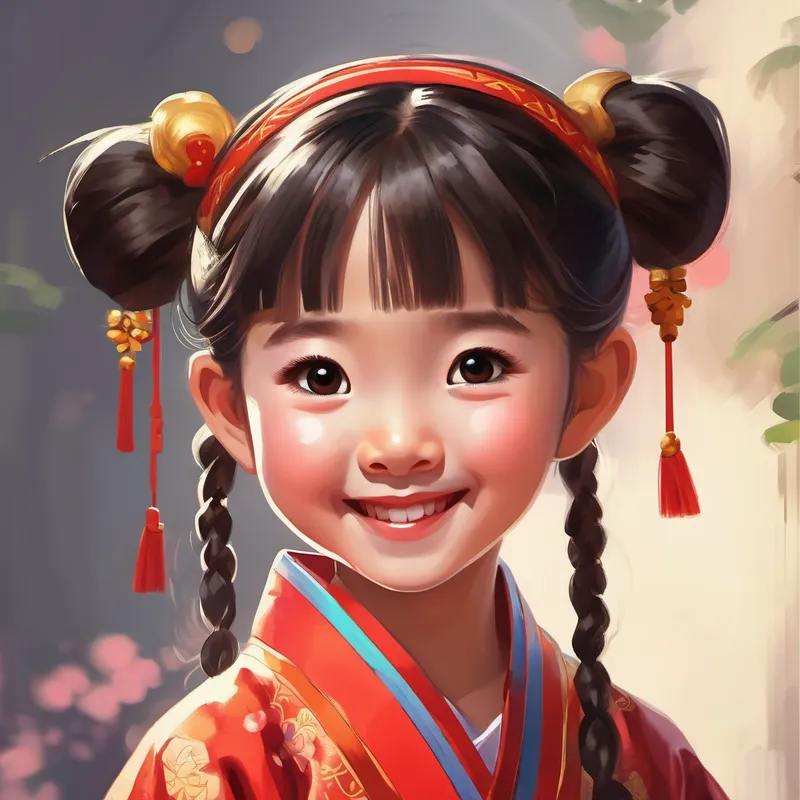 A picture of A little girl with pigtails, often wearing a traditional Chinese costume with pigtails and a smiling face