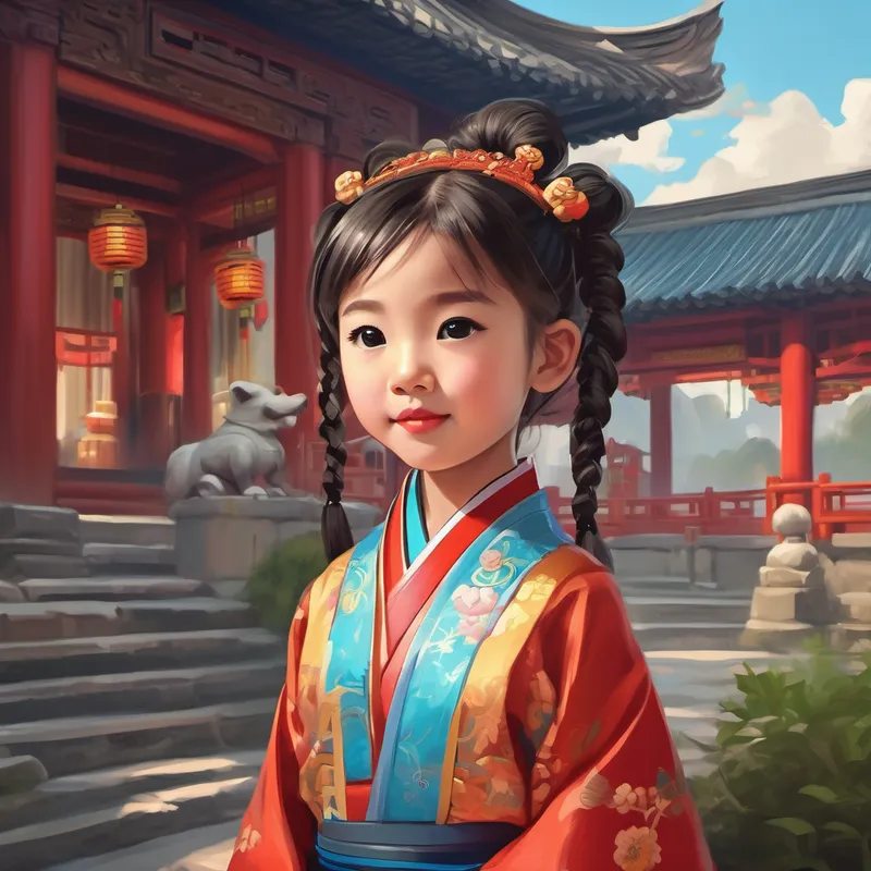 A picture of A little girl with pigtails, often wearing a traditional Chinese costume in front of a temple with historical figures