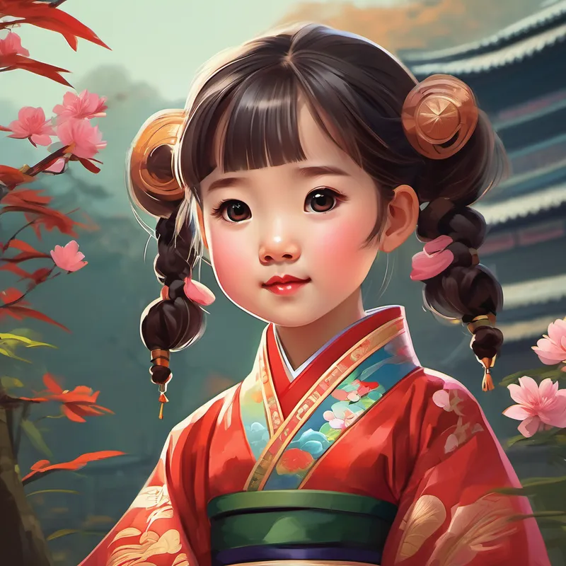 A picture of A little girl with pigtails, often wearing a traditional Chinese costume wearing a traditional Chinese costume
