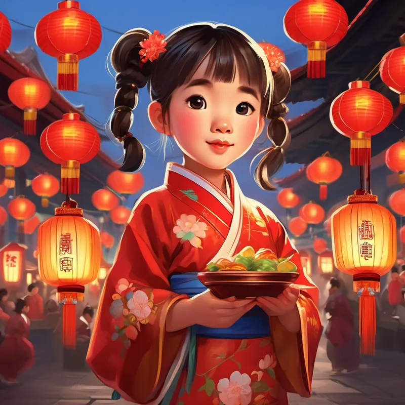 A picture of A little girl with pigtails, often wearing a traditional Chinese costume at a festival with lanterns and food