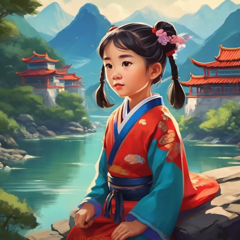 A picture of A little girl with pigtails, often wearing a traditional Chinese costume surrounded by mountains and rivers