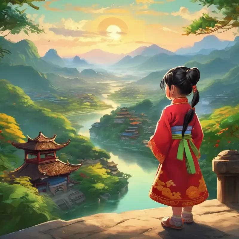A picture of A little girl with pigtails, often wearing a traditional Chinese costume admiring the landscapes