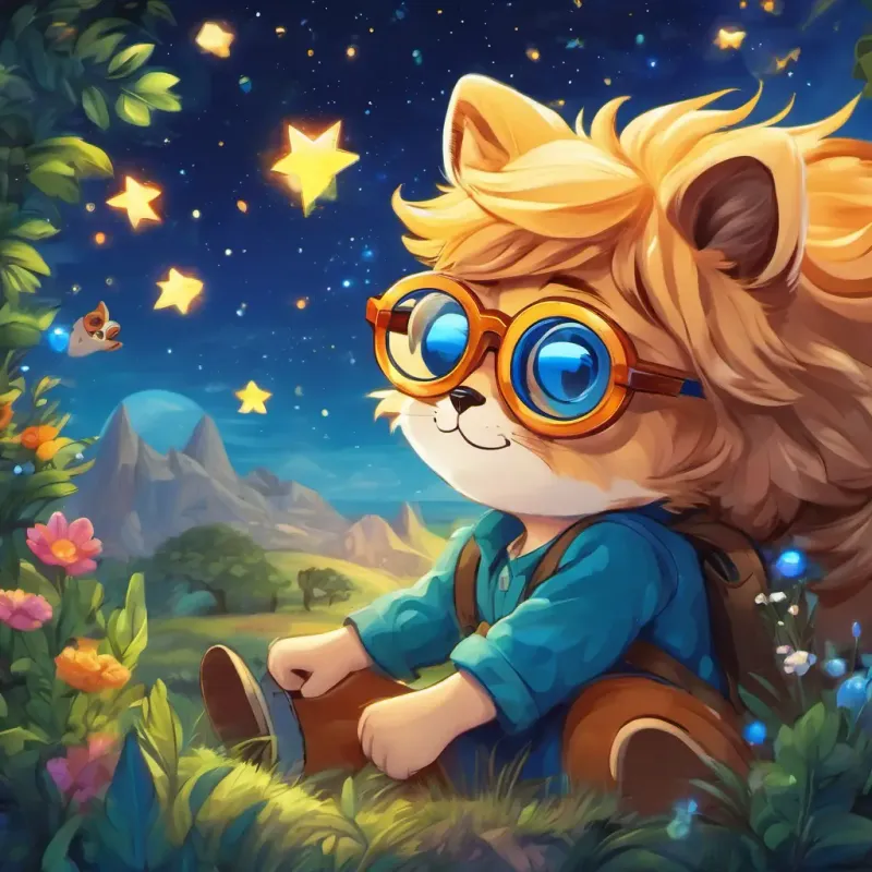 Leo is a boy with special glasses that make the world magical, a boy with special glasses, sees a magical world with Colorful creatures fill the magical world Leo sees with his glasses and Sparkling stars light up the magical world Leo sees with his glasses.