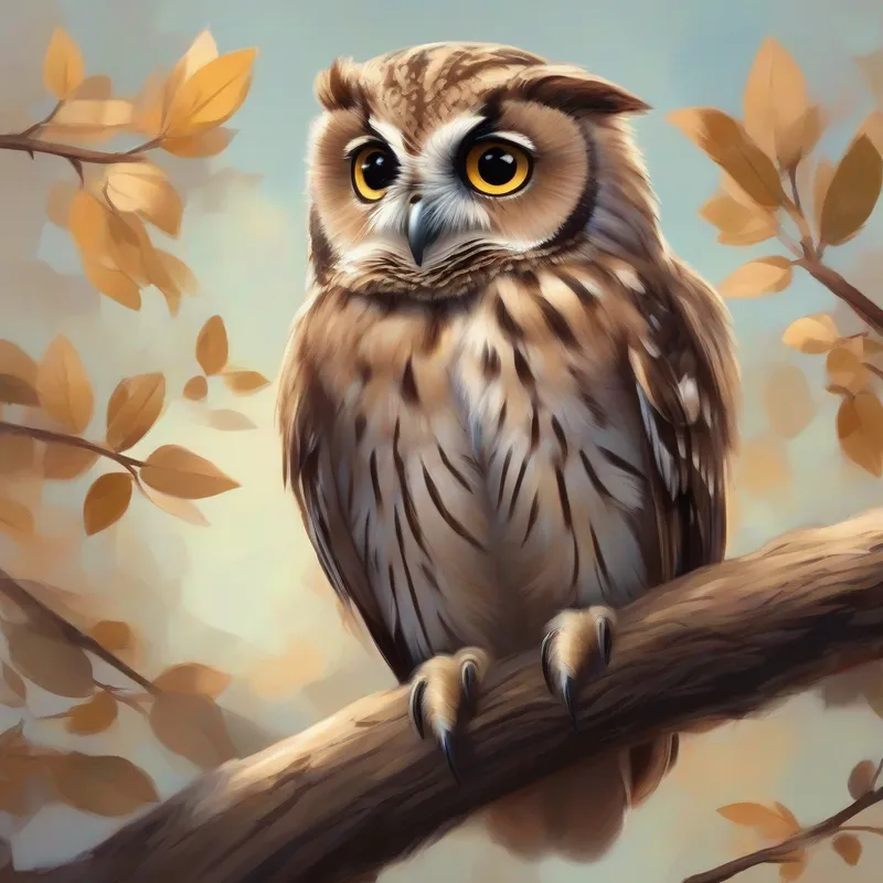 A young owl with soft brown feathers. the owl perched on a tree branch