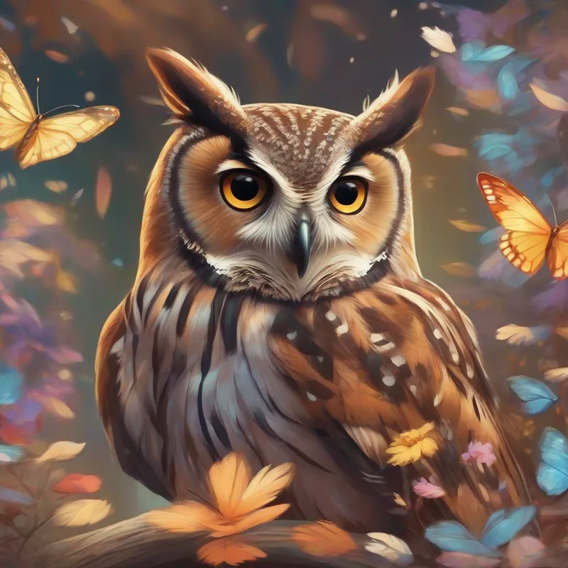 A young owl with soft brown feathers. watching colorful butterflies dance in the air