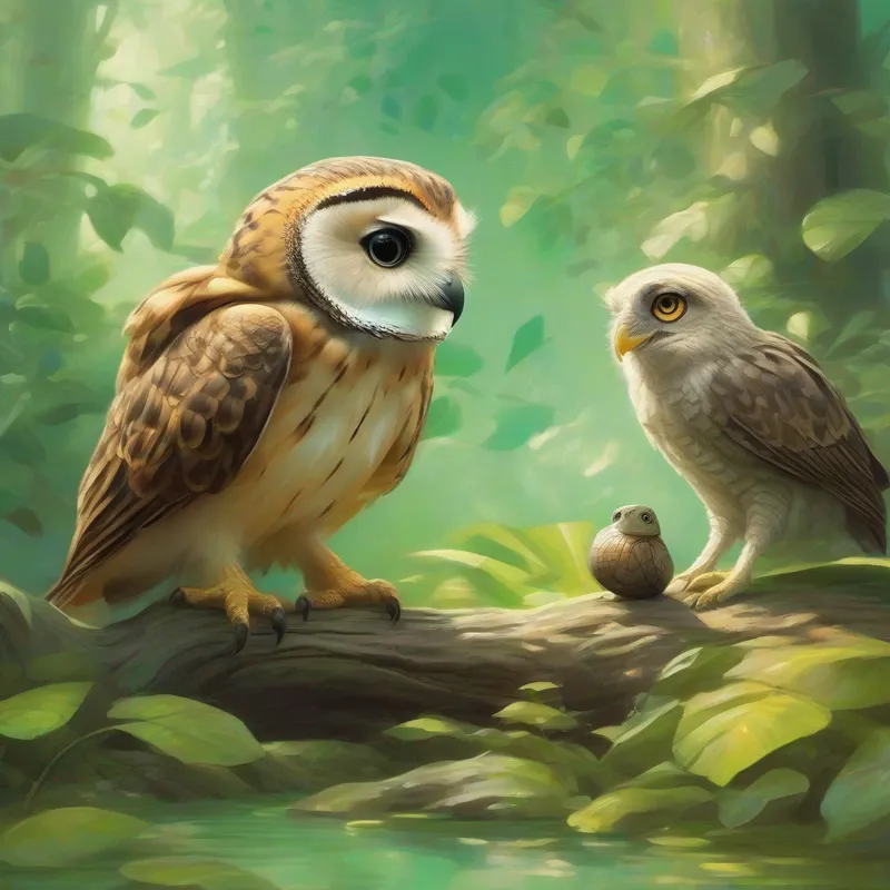 A young owl with soft brown feathers. and the wise turtle A wise turtle with a wrinkled green shell. having a conversation