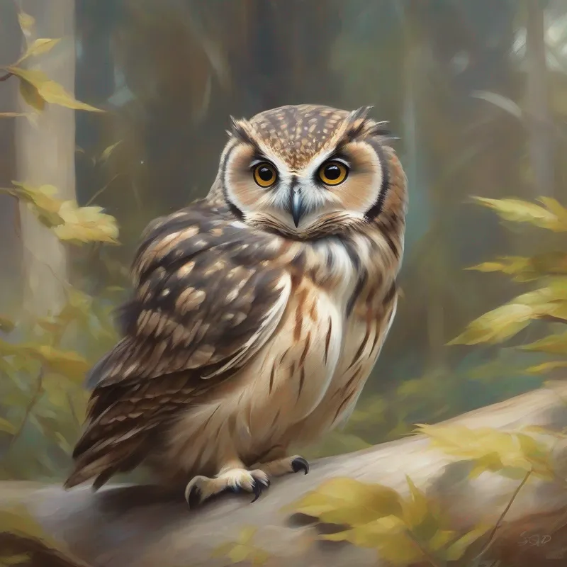 A young owl with soft brown feathers. listening attentively to the turtle's stories