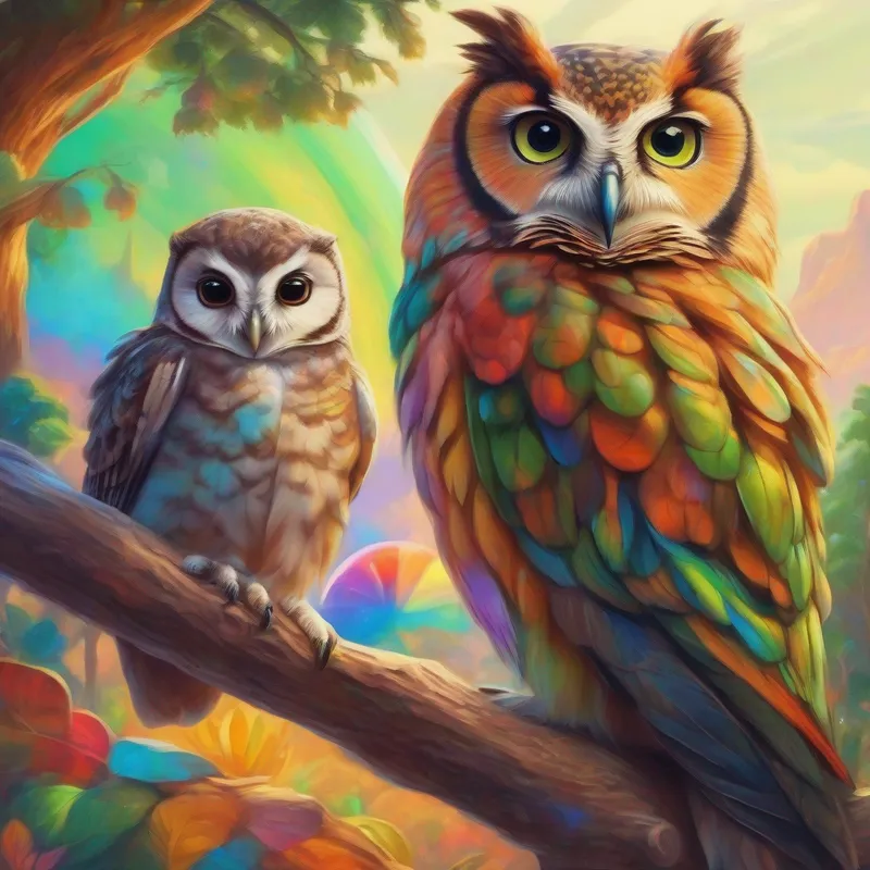 A young owl with soft brown feathers. and A wise turtle with a wrinkled green shell. looking at a vibrant rainbow