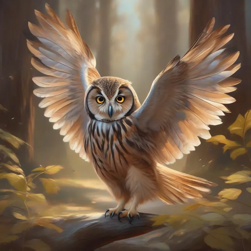 A young owl with soft brown feathers. spreading his wings and embracing the day