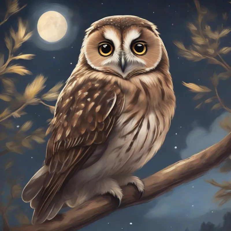 A young owl with soft brown feathers. flying under the moon with a smile on his face