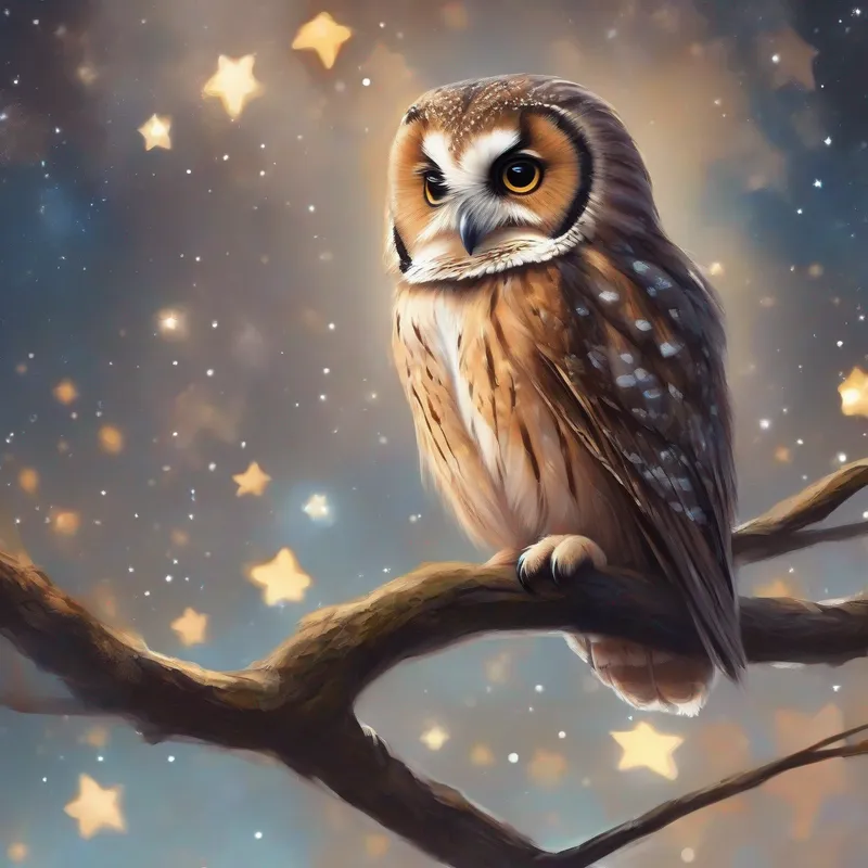 A young owl with soft brown feathers. perched on a branch, surrounded by stars