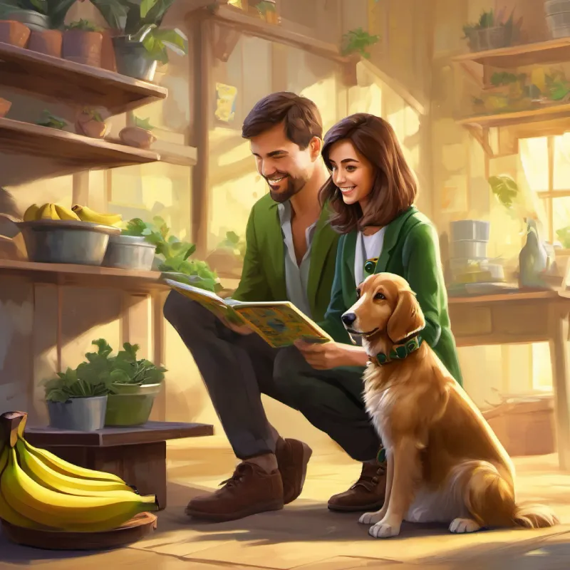 Caring owner, helps with counting, brown hair, green eyes helps Golden coat, loves bananas, smart dog with his counting.