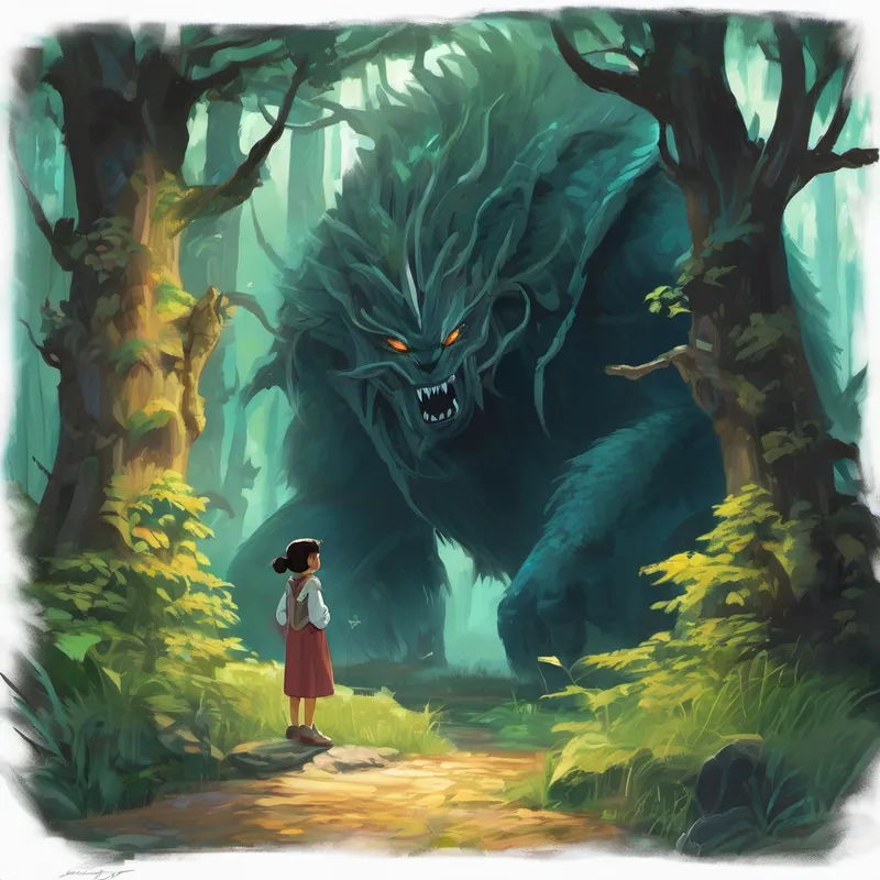 Anaya set out to understand the monsters' feelings. With her webs, she caught one of the creatures and approached it gently. The monster was scared, and Anaya could see sadness in its eyes. She spoke to the monster in a calm voice, explaining that she wanted to help and asking why they were attacking the town. The monster hesitated at first but then confessed its worries. The monsters were scared because they were losing their home, the nearby magical forest, to a group of greedy land developers. Their attacks were a cry for help, as they wanted to protect their home.