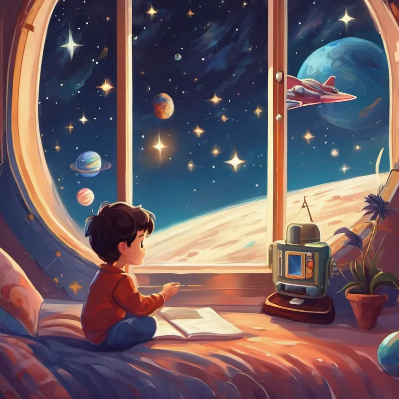 Once upon a time in a distant galaxy, there lived a little astronaut named Alex. Alex loved to explore the universe and discover new planets. Every night, before going to bed, Alex would look at the stars from the window of the spaceship where he lived. One night, as Alex prepared to sleep, he noticed a shooting star streaking across the sky. Excitedly, he made a wish. "I wish I could visit a planet made entirely of candy," he said.