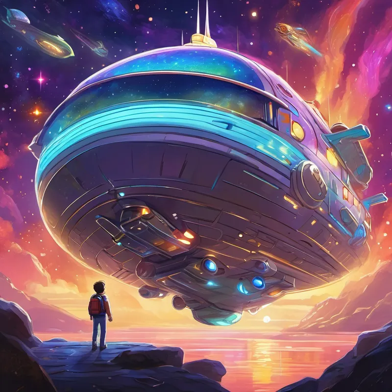 To Alex's surprise, the shooting star changed its course and began to fly towards him! It transformed into a friendly spaceship, sparkling with rainbow lights. The spaceship landed gently in front of Alex's ship, and a door opened, inviting him inside. Curious and a little nervous, Alex stepped into the spaceship. Inside, he found himself surrounded by glowing buttons, comfy chairs, and walls that displayed mesmerizing images of distant galaxies. The spaceship introduced itself as Glitter, a magical ship built to grant wishes of young adventurers like Alex.