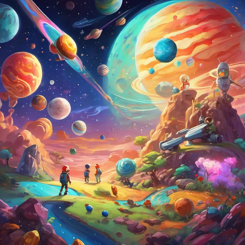 "Tonight, we shall embark on a marvelous journey to the Candy Planet," Glitter announced. "Hold tight, Alex!" The spaceship zoomed into the starry sky, passing by planets, comets, and colorful asteroids. Alex saw alien creatures playing among the stars, and friendly space robots keeping everything in order. It was like nothing he had ever imagined.