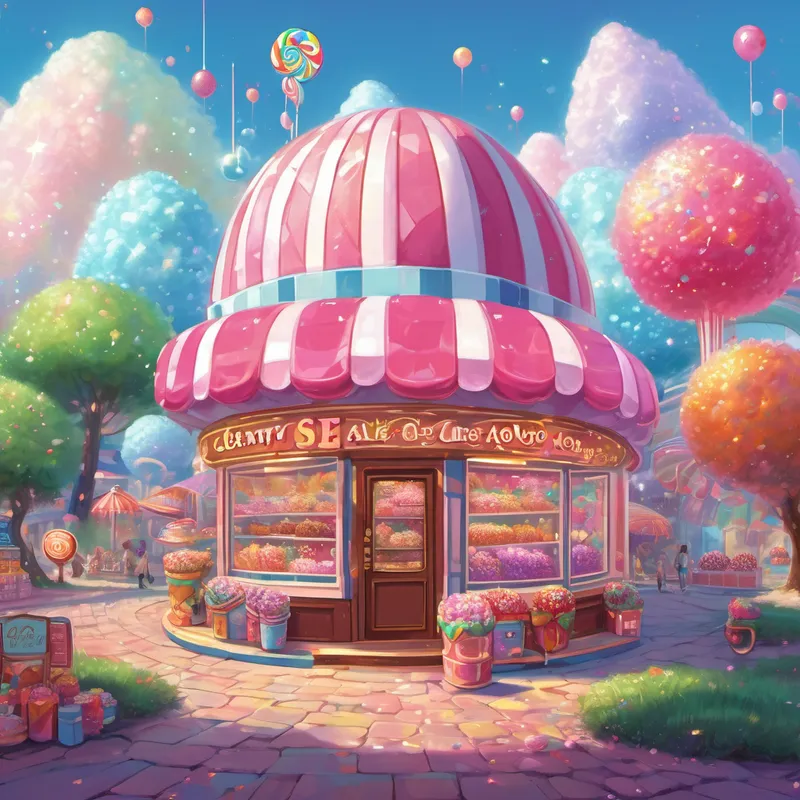In no time at all, Glitter landed on a planet that looked like a beautiful, gigantic candy store. The ground sparkled with sugary sweetness, and the air smelled like cotton candy. "Eat as much candy as you'd like, Alex," Glitter said cheerfully. "Here, everything is edible!"