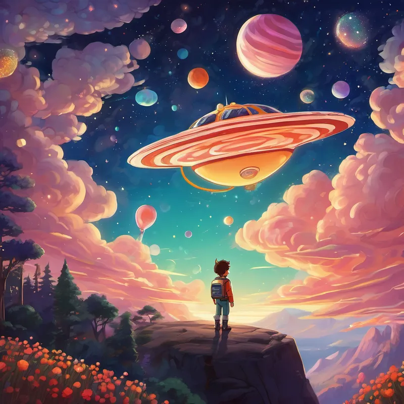 Finally, Alex's sugar-filled adventure came to an end. It was time to return to his spaceship home. Glitter lifted off from the Candy Planet, leaving behind a trail of stardust. As Alex stepped back into his ship, he couldn't help but feel grateful for the amazing journey he had experienced. He happily climbed into bed, ready for a good night's sleep. But before closing his eyes, he looked out of his window one last time.