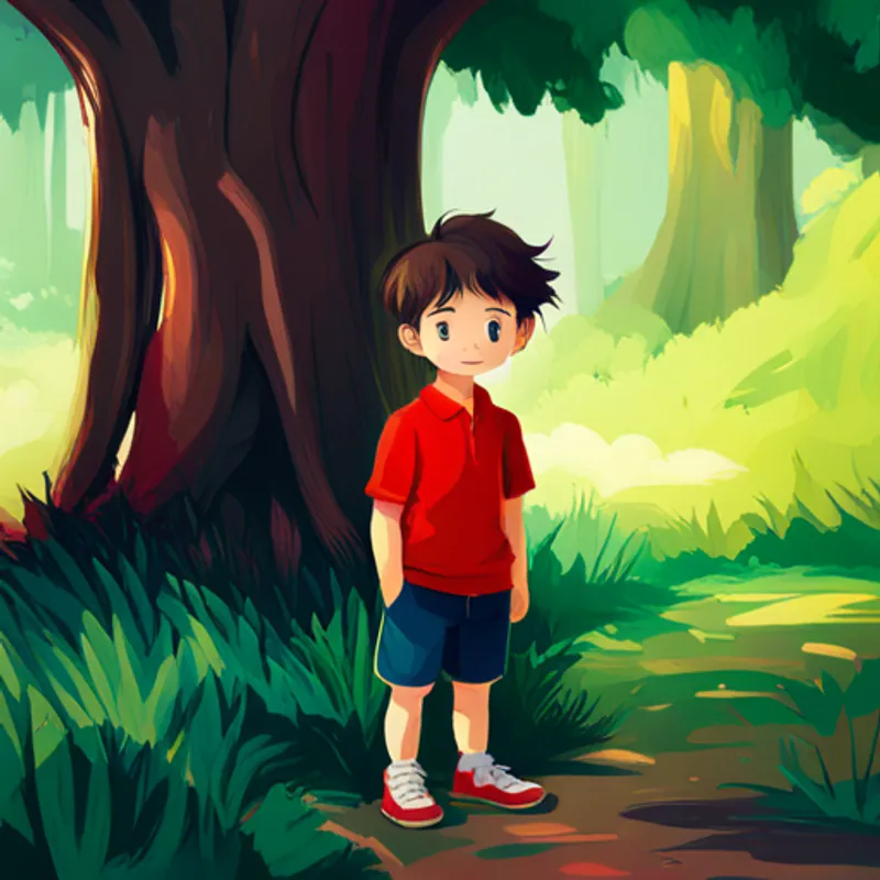 A small boy named A small boy with messy hair and a red shirt. standing near a tree