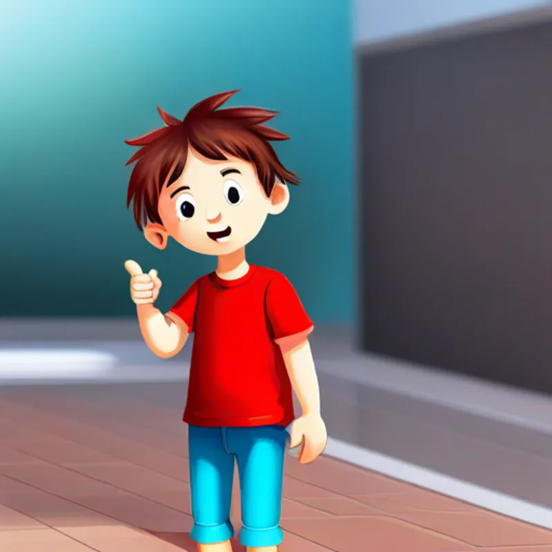 A small boy with messy hair and a red shirt. talking to his parents, pointing and asking