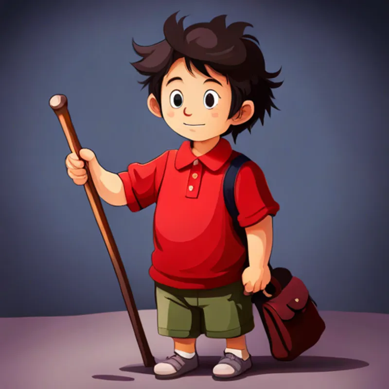 A small boy with messy hair and a red shirt. with a stick and a bag, ready to go