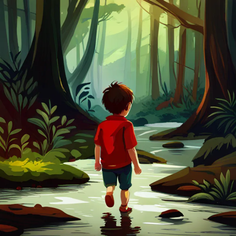 A small boy with messy hair and a red shirt. walking through a forest and a river