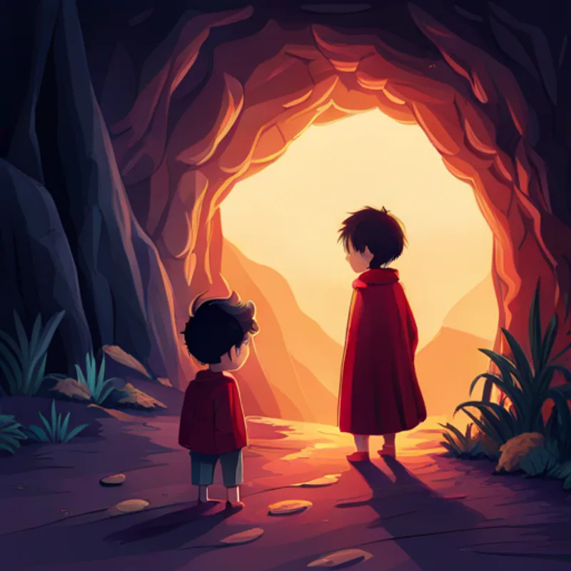 A small boy with messy hair and a red shirt. standing outside a cave with the A tall man with a crown and a golden robe. inside
