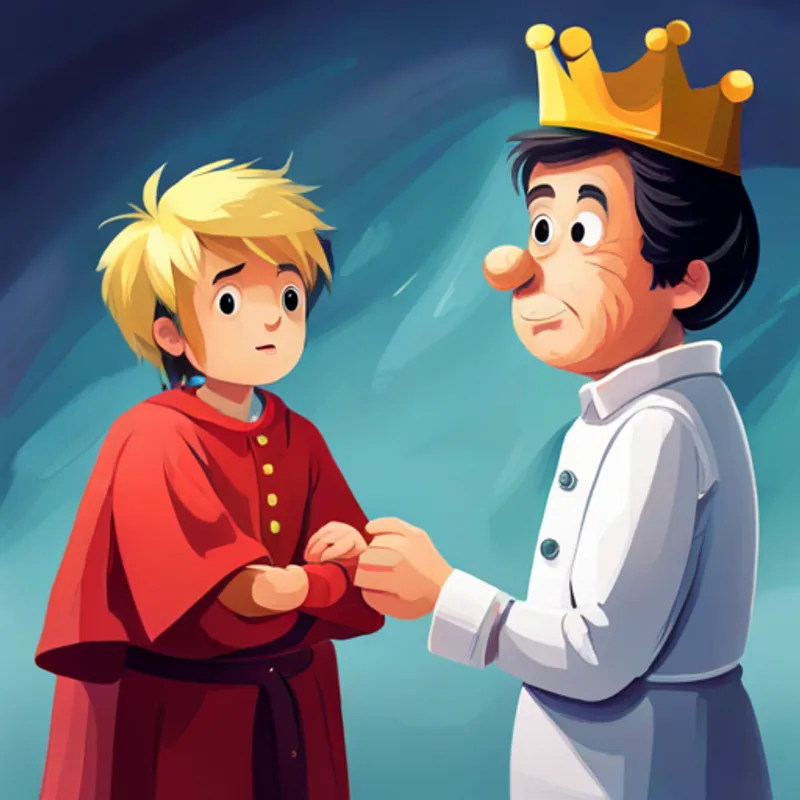 A small boy with messy hair and a red shirt. talking to the A tall man with a crown and a golden robe. with a determined look