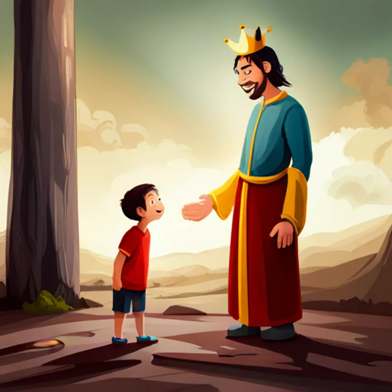 The A tall man with a crown and a golden robe. and A small boy with messy hair and a red shirt. shaking hands, smiling
