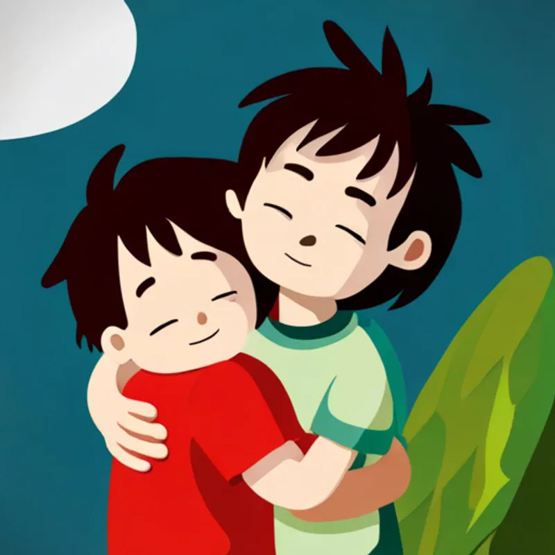 A small boy with messy hair and a red shirt. hugging his parents, all of them happy