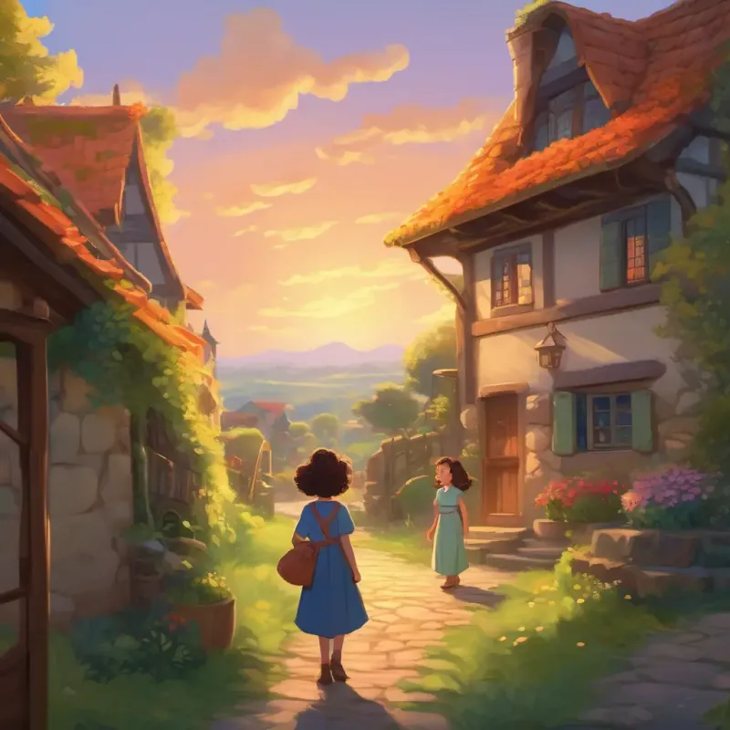 Introducing A brave mother with kind eyes, curly hair and A young girl, full of wonder, straight hair, vibrant in their home, a peaceful village.