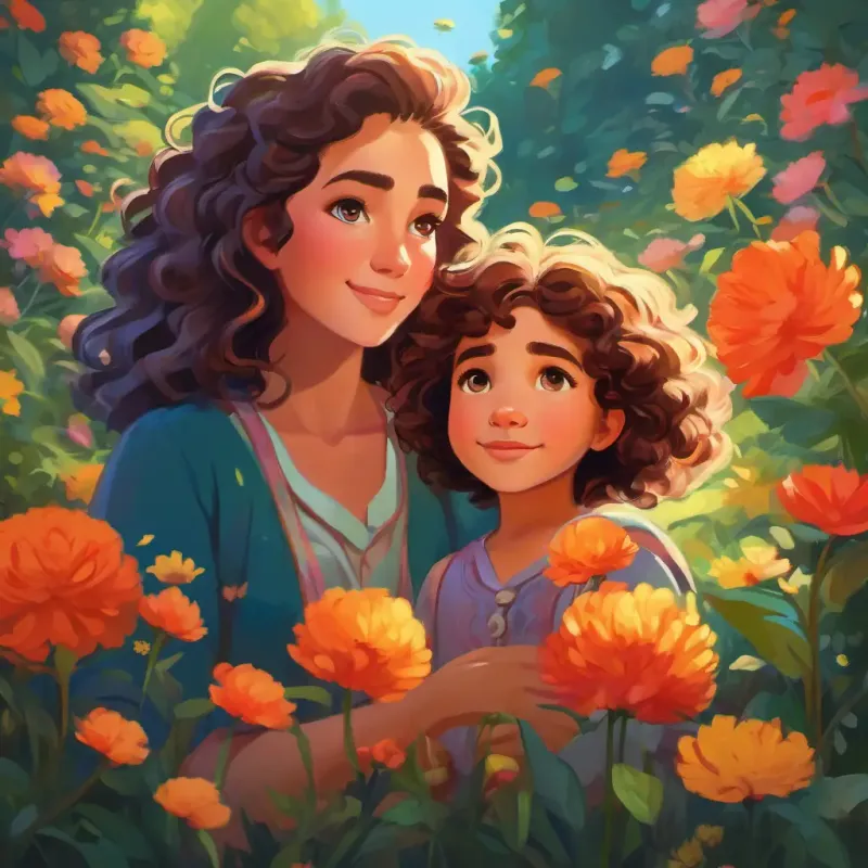 Showing A brave mother with kind eyes, curly hair and A young girl, full of wonder, straight hair, vibrant bonding, surrounded by flowers.