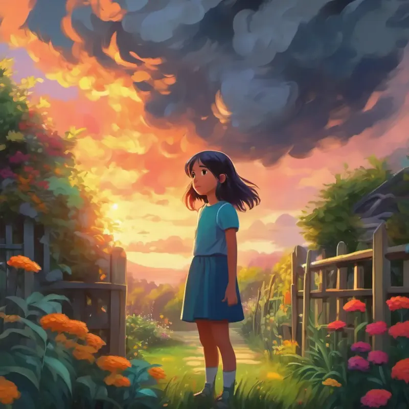 Dark clouds and A young girl, full of wonder, straight hair, vibrant in the garden looking scared.