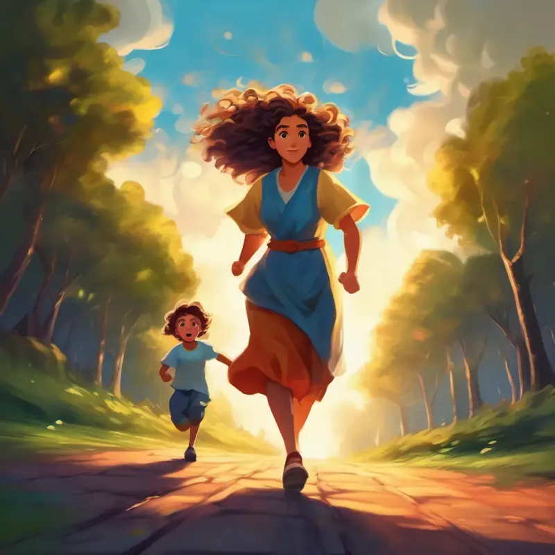 A brave mother with kind eyes, curly hair running determinedly into the storm to rescue A young girl, full of wonder, straight hair, vibrant.