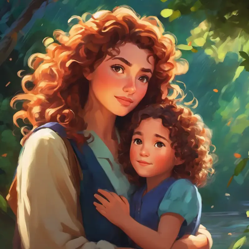 A brave mother with kind eyes, curly hair spots A young girl, full of wonder, straight hair, vibrant taking shelter, fierce weather.