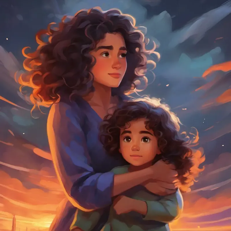 A brave mother with kind eyes, curly hair hugging A young girl, full of wonder, straight hair, vibrant, protecting her from the storm.