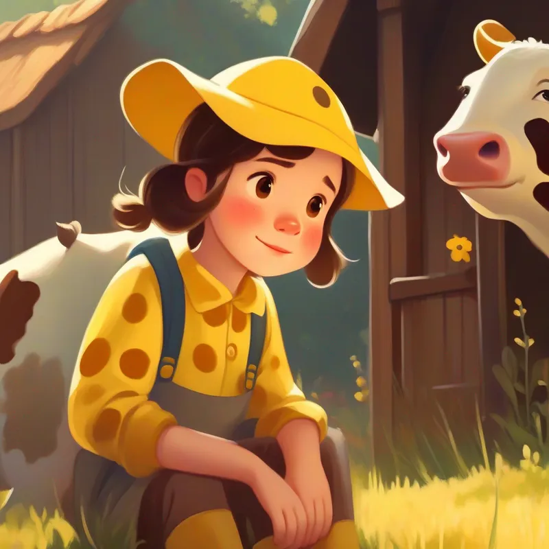 A curious girl with bright eyes, wearing a yellow handkerchief and a polka-dotted cap feeling sad, thinking about going to A friendly cow with brown and white spots, always wearing a warm smile's house