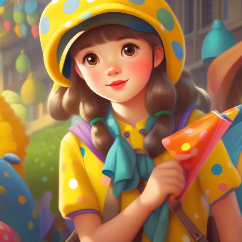A curious girl with bright eyes, wearing a yellow handkerchief and a polka-dotted cap getting ready for her adventure with colorful accessories